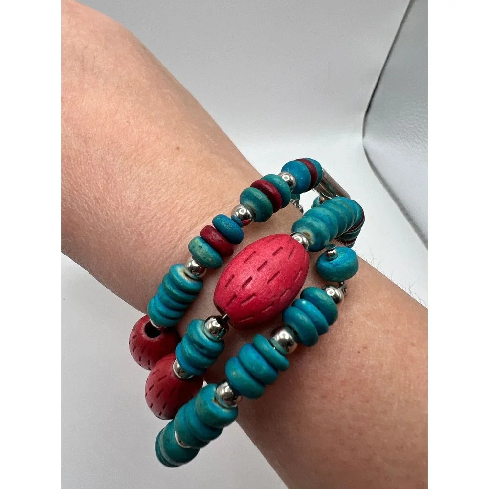 Chico's Wood Bead Wrap Bracelet Boho Coastal‎ Southwest Turquoise Red Wood OS